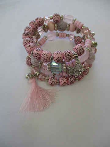 Multi Pink Beads, Silver Beads, Butterfly, Tassel Charms Memory Wire Bracelet (B651)