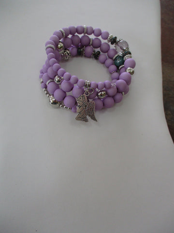 Purple Beads Silver Beads Silver Angel Charm Memory Wire Bracelet (B667)