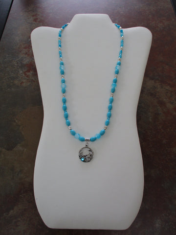 Blue Glass Beads Silver Spacer Beads Silver Round Flower Pendant Necklace (N1499)