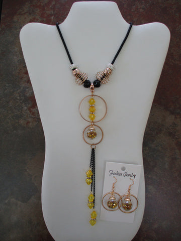 Yellow Glass Beads, Black Chain, Gold Rings, Glass Bulb with Gold Stars Pendant Necklace Earrings Set (NE470)