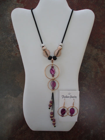 Purple Mother of Pearl Shell Beads, Black Chain, Gold Rings, Glass Purple Beads Necklace Earrings Set (NE471)