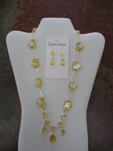 Yellow Mother of Pearl Star Shell Beads, Silver Yellow Tear Drop Pendants Necklace Earrings Set (NE484)
