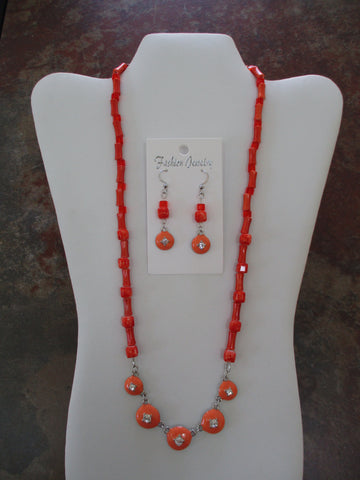 Orange Square Glass Beads, Orange Acrylic Bamboo Beads, Silver Orange Bling Bib Pendant Neclace (NE491)