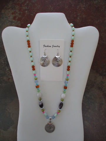 Multi Color Glass Beads Round Silver Pendant Necklace Earring Set (NE513)