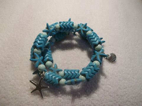 Memory Wire Turquoise Starfish Glass Beads Silver Starfish Shell Bracelet (B396)
