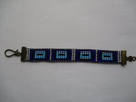 Black Cord Sides Dark Blue Light Blue Silver Seed Beads Loom Bracelet (B570)