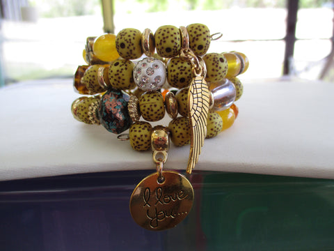 Yellow Gold Beads Wooden Beads Gold "I Love You" and Wing Charms Memory Wire Bracelet (B594)