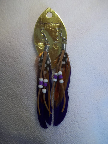Purple Brown Leather Feather Bead Earrings (E816)