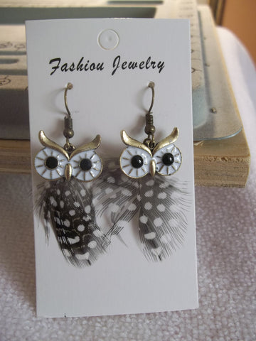 Bronze Brown White Owl Feather Earrings (E923)