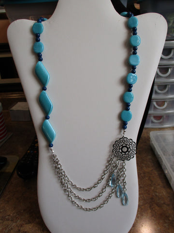 Blue Glass Beads Silver Chain Drape Necklace with tear drop beads (N1177)