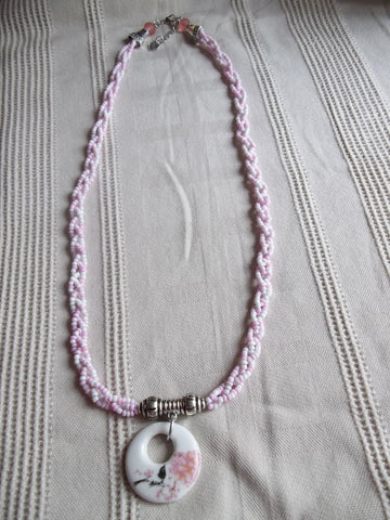 Pink White Glass Seed Beads Braided, Porcelain Black Bird Pendant Necklace (N1013)