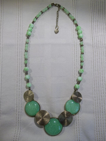 Bronze Green Circles Bib, Glass Green Beads, Bronze Beads Necklace (N1015)