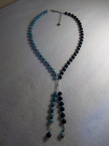 Blue Swirl, Black Glass Beads,Blue and Black Glass Seed Beads, Double Tie Necklace (N1107)