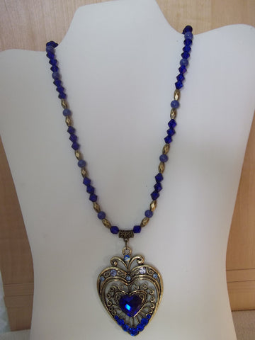 Bronze Blue Glass Beads Bronze Blue Heart Pendant Necklace (N1126)