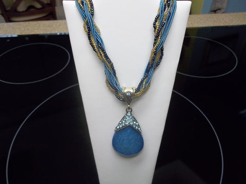 Blue Braided Glass Tear Drop Necklace (N421)