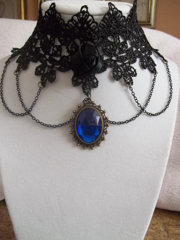 Black Lace, Black Rose, Blue Bronze Pendant, Black Chain, Choker Necklace (N604)