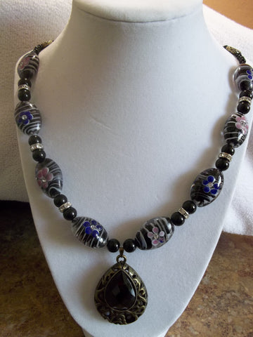 Black, Pink, Blue Flower Reversible Glass Beads, Bronze Black Pendant Necklace (N763)