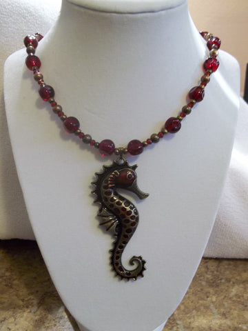 Red Seahorse Red Glass Bead Necklace (N816)