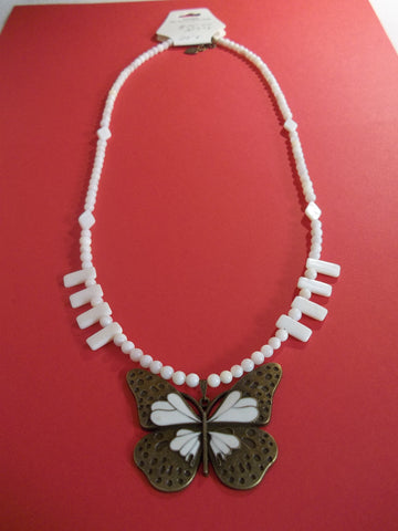 Bronze Cream Butterfly Pendant Glass Bead Necklace (N978)