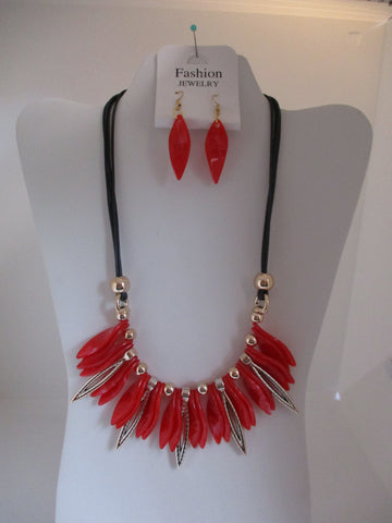 Black Cord Red Gold Twist Bead, Acrylic Beads Necklace Earring Set (NE460)