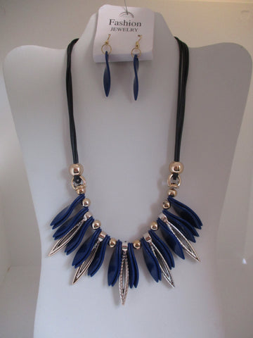 Black Cord Blue Gold Twist Bead, Acrylic Beads Necklace Earrings Set (NE461)