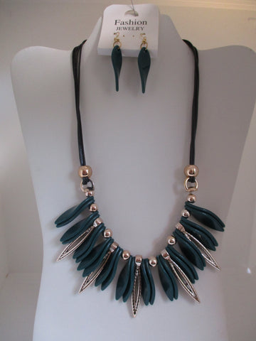 Black Cord Green Gold Bead, Acrylic Beads Necklace Earrings Set (NE462)