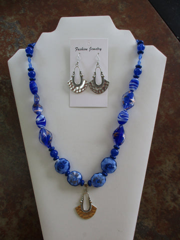 Silver Blue Glass Beads Silver Fan Pendant Necklace Earrings Set (NE509)