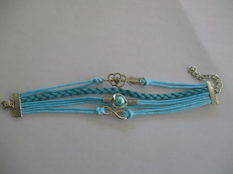 Light Blue Leatherette Silver Double Heart Arrow Pendants Bracelet (B632)