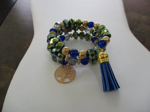 Blue Bluish Green Gold Beads Memory Wire Bracelet with Blue Tassel Gold Tree Charms (B635)