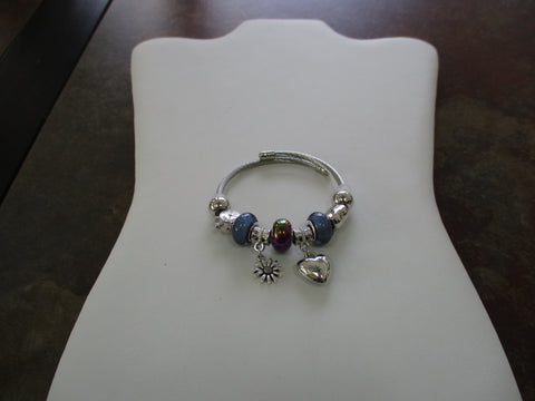 Silver Blue Pandora Beads Memory Wire Bracelet with Silver Heart, Flower Charms (B639)