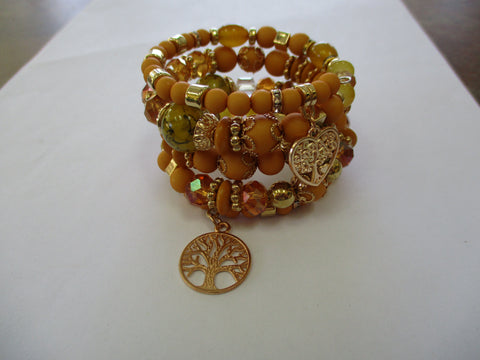 Mustard Yellow Beads, Gold Beads, Gold Heart Tree, Circle Tree Charms Memory Wire Bracelet (B652)