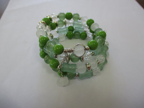 Mutli green, Clear, Silver Beads, Bead Dangle Charm Memory Wire Bracelet (B655)
