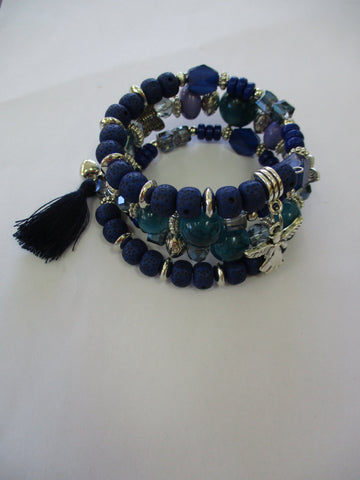 Multi Blue, Silver Beads Blue Tassel, Silver Angel Charms Memory Wire Bracelet (B657)