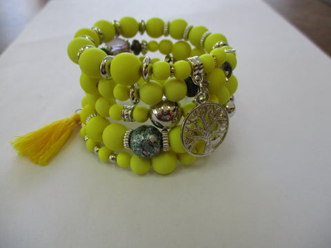 Yellow, Silver Beads. Silver Circle Tree, Yellow Tassel Charms Memory Wire Bracelet (B658)