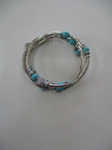 Silver Beads Silver Tube Beads Turquoise Beads Memory Wire Bracelet (B665)