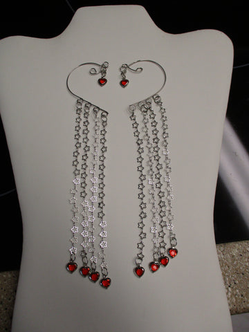 Silver Star Chain, Silver Red Heart Charms Pair Ear Cuffs (EC117)