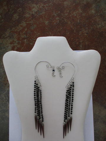 Silver Black Bead Chain, Smoke Gray Cones, Silver Star Moon Charms Ear Cuffs (EC142)