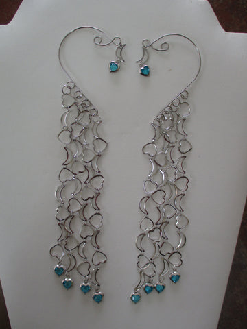 Silver Hearts, Moons Chain, Silver Blue Hearts, Pair Ear Cuffs (EC152)