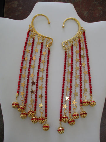 Red Rhinestone Chain, Gold Star Chain, Gold Red Balls Gold Ear Cuffs (EC163)