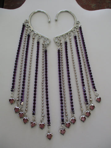 Purple Rhinestone Chain, Silver Ball Chain, Purple Hearts, Silver Ear Cuffs (EC164)