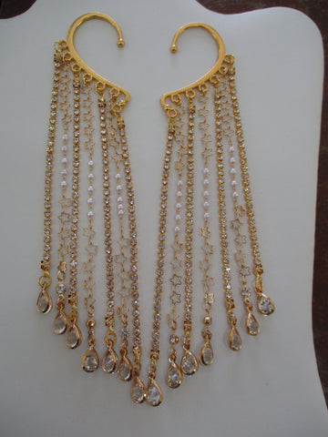 Gold Faux Diamond Rhinestone Chain, Pearls and Stars Chain, Gold Tear Drop Charms, Gold Ear Cuffs (EC165)