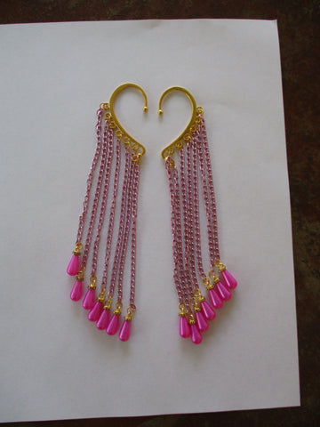 Pink Chain Pink Tear Drop Pearls Ear Cuffs (EC180)