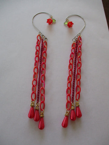 Red Chain Red Tear Drop Pearls Red Flowers Ear Cuffs (EC181)