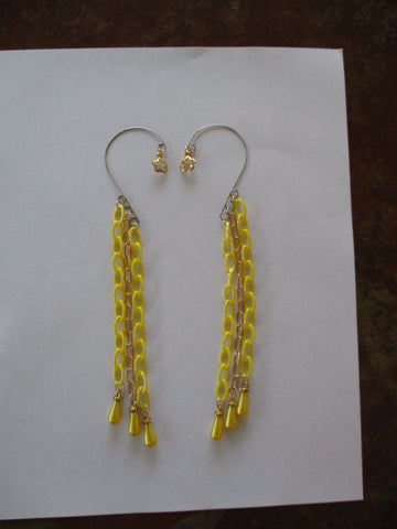Yellow Chain Gold Chain Yellow Tear Drop Pearls Gold Clear Flowers Ear Cuffs (EC182)