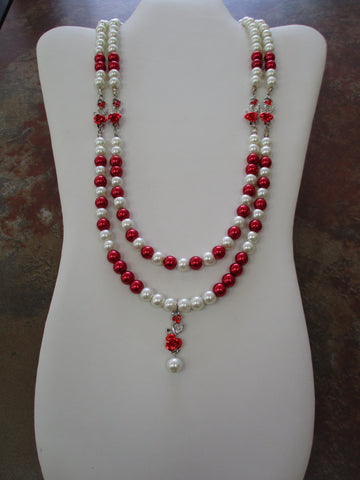 Double Row of White Red Pearls, Roses. Rose Pearl Pendant Necklace (N1073)