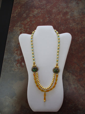 Yellow Pearls and Cone, Clear Green Glass Beads, Two Gold Green Conecting Pendants on Each Side of Necklace (N1095)