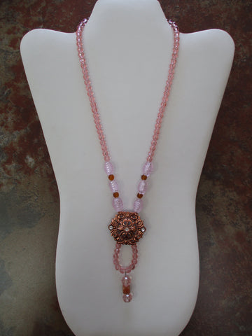 Rose Pink Glass Beads Pendant Necklace (N1098)