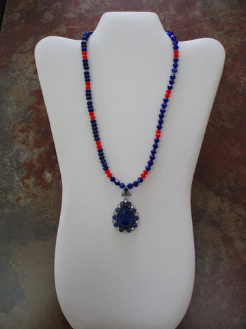 Blue, Red Glass Beads, Blue Silver Teardrop Pendant Necklace (1183)