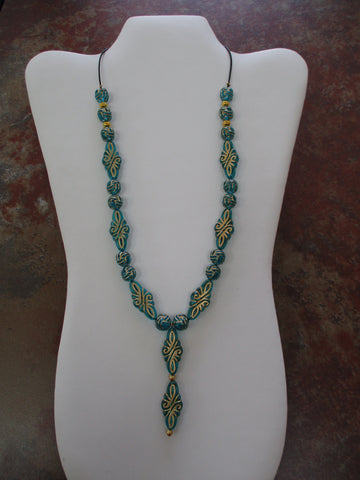 Greenish Blue Gold Acrylic Beads, Black Leatherette Cord Necklace (N1437)