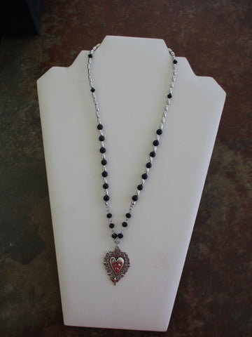 Silver Beads Black Beads Silver Heart Pendant Necklace (N1484)